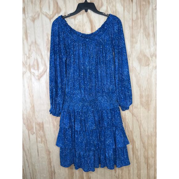NWT Michael Kors On Off Shoulder Ruffle Dress Mosaic Blue M Cottagecore Tiered - Picture 3 of 8